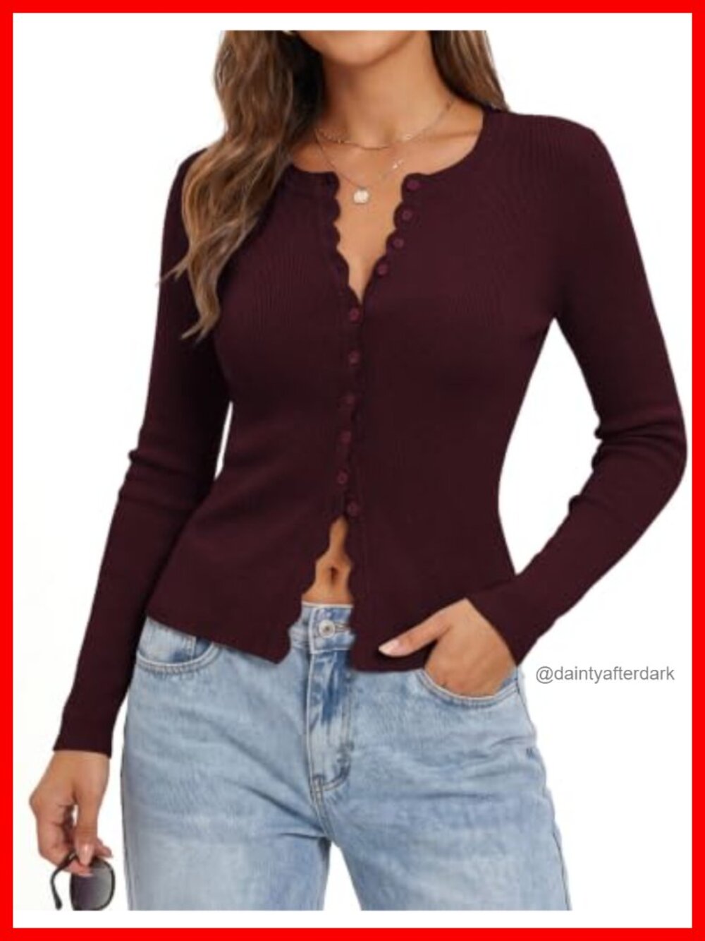 Womens Cropped Button Up Cardigan Long Sleeve Slim Fit Scalloped Knit Top
